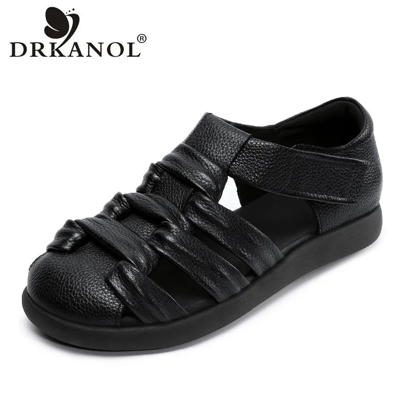 DRKANOL2025 Roman Sandals For Women Summer Handmade Woven Shoes Retro Style Genuine Cow Leather Soft Sole Casual Flat Sandals