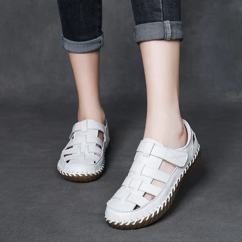 DRKANOL Fashion Women Flat Sandals Summer Shoes 100% Genuine Cow Leather Hook And Loop Hollow Soft Cow Muscle Roman Sandals Lady