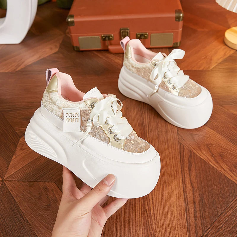 Autuspin Women Inner Height Shoes New Fashion Lace Bling Leather Summer Chunky Platform Skateboard Sneakers Ladies Trend Tide