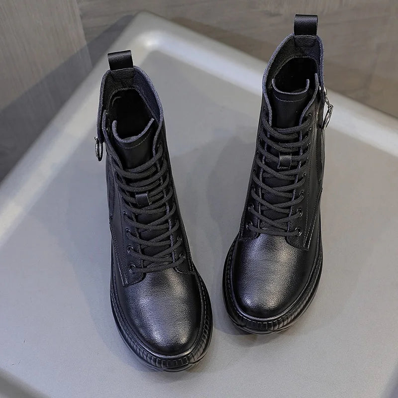 DRKANOL Height Increasing Ankle Boots For Women Real Cowhide Chunky Platform Casual Short Boots Autumn Winter Warm Shoes Black