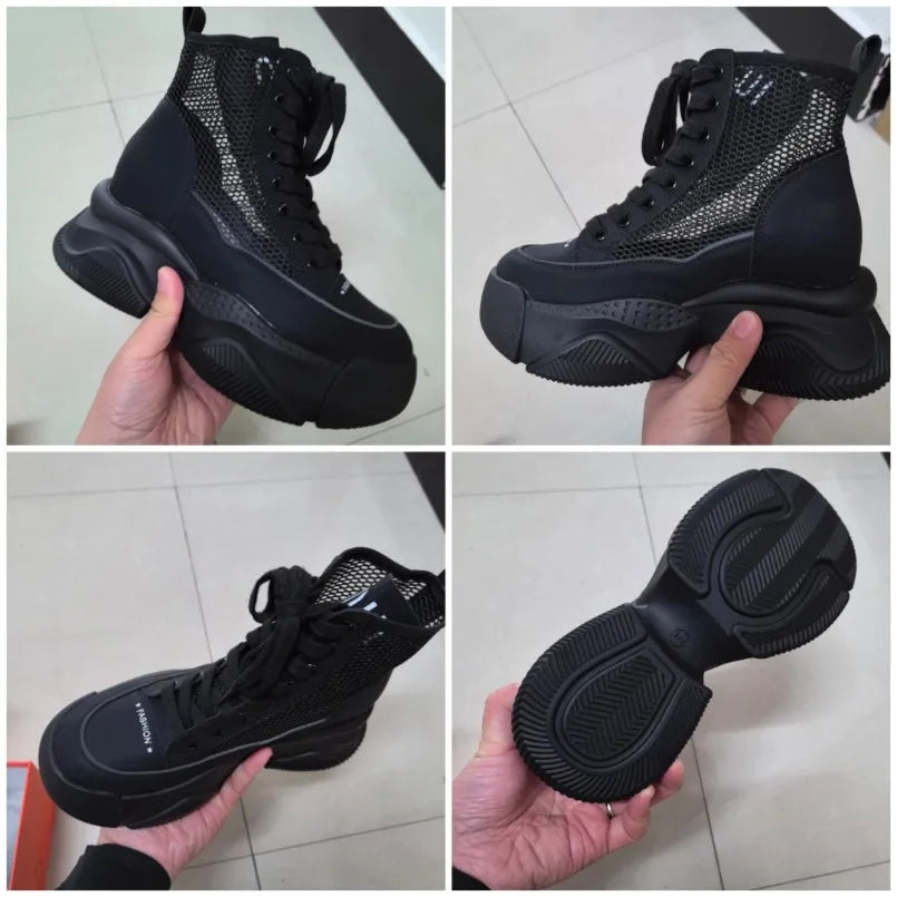 Fujin 8cm Women Breathable Platform Chimney Hollow Fashion Summer Shoes Air Mesh Genuine Leather Synthetic Mid Calf Ankle Boots