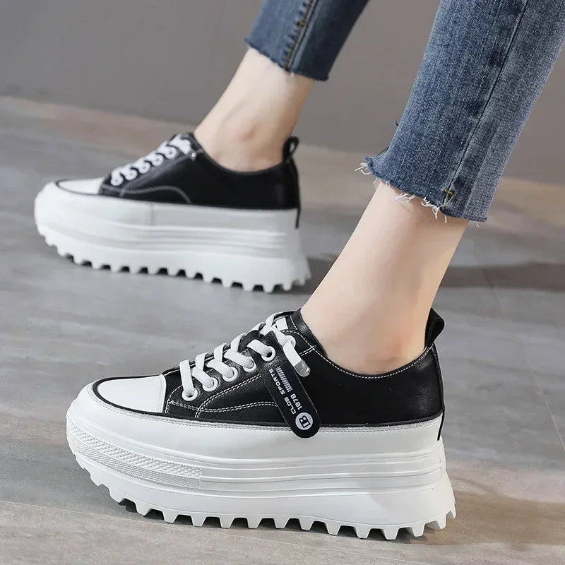 Fujin 5.5cm Genuine Leather Platform Wedge Shoes Chunky Sneaker White Casual Shoes Comfortable Breathable Autumn Autumn Shoes