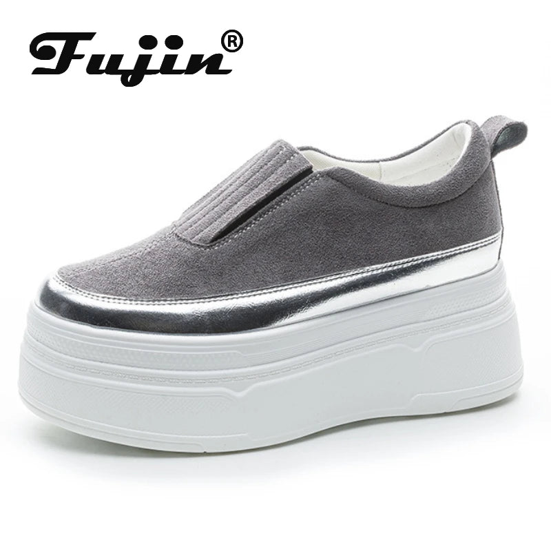 Fujin 8.5cm Synthetic Leather Cloth Chunky Heels Mary Jane Platform Wedge Flats Platform Autumn Breathable Pumps Spring Shoes
