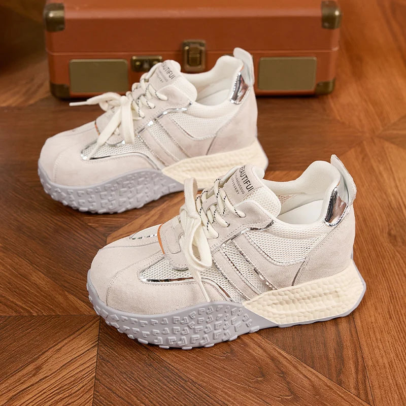 AUTUSPIN Summer Sneakers for Women 2025 Street Style Breathable Mesh Sports Training Shoes Female Spilcing Leather Lace-up Shoes