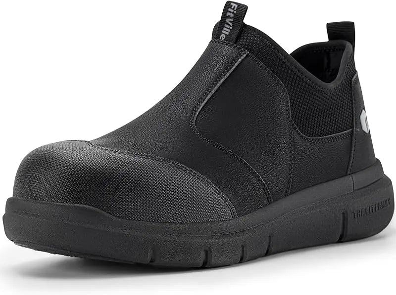 FitVille Widened Men'S Work Shoes Slip-On Composite Steel Toe Shoe Safe Puncture-Proof For Swollen Feet For Construction Sites