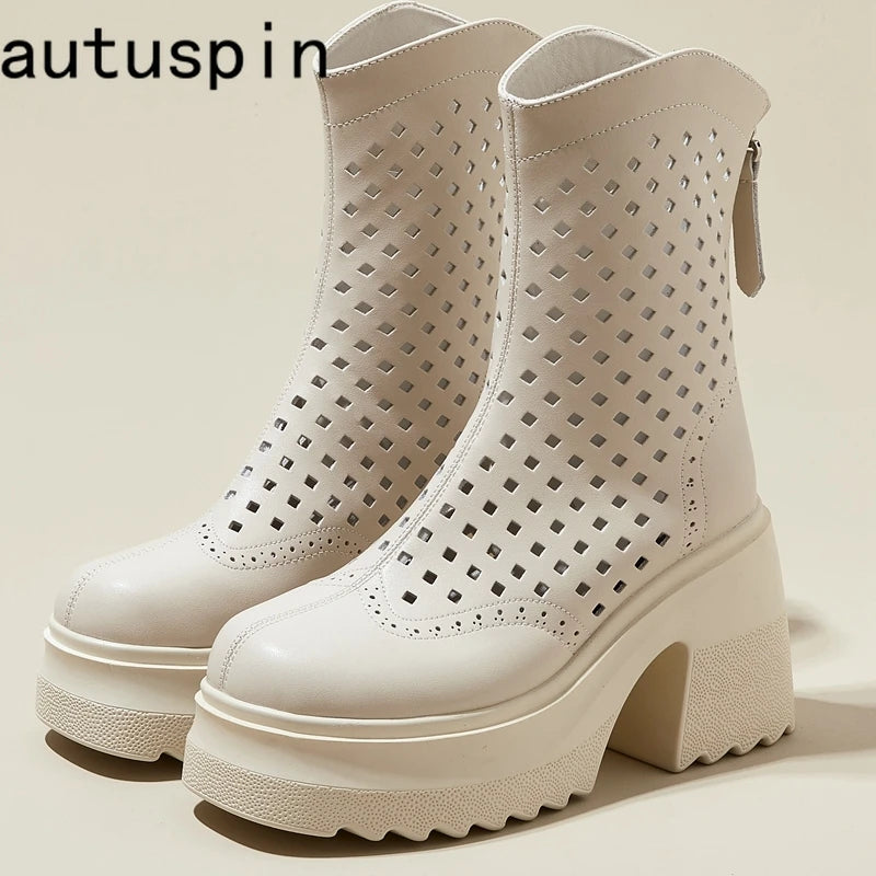 Autuspin 10cm Thick High Heels Women Summer Ankle Boots Microfiber Leather Ladies Hollow Short Boot Shoes Woman Basic Booties