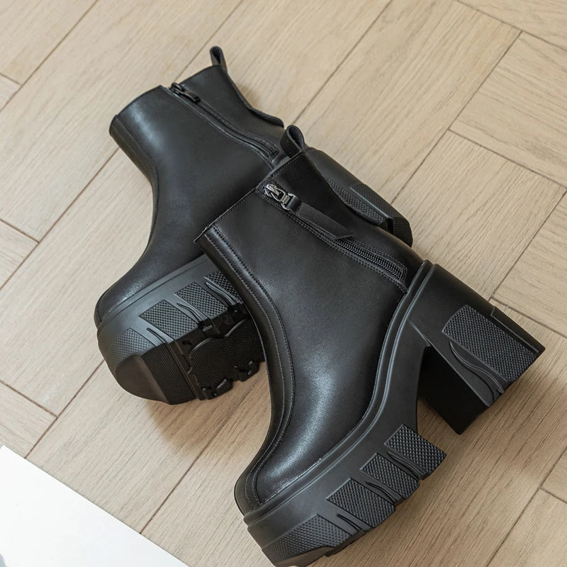 Autuspin 11cm Super High Thick Heels Pumps Women Fashion Sexy Ankle Boots Genuine Leather Side Zipper Ladies Shoes Party Tide