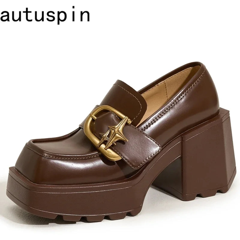 AUTUSPIN New British Style Women Pumps Popular Ladies Mary Janes High Thick Heels Woman Leather Square Toe Shoes Winter Female