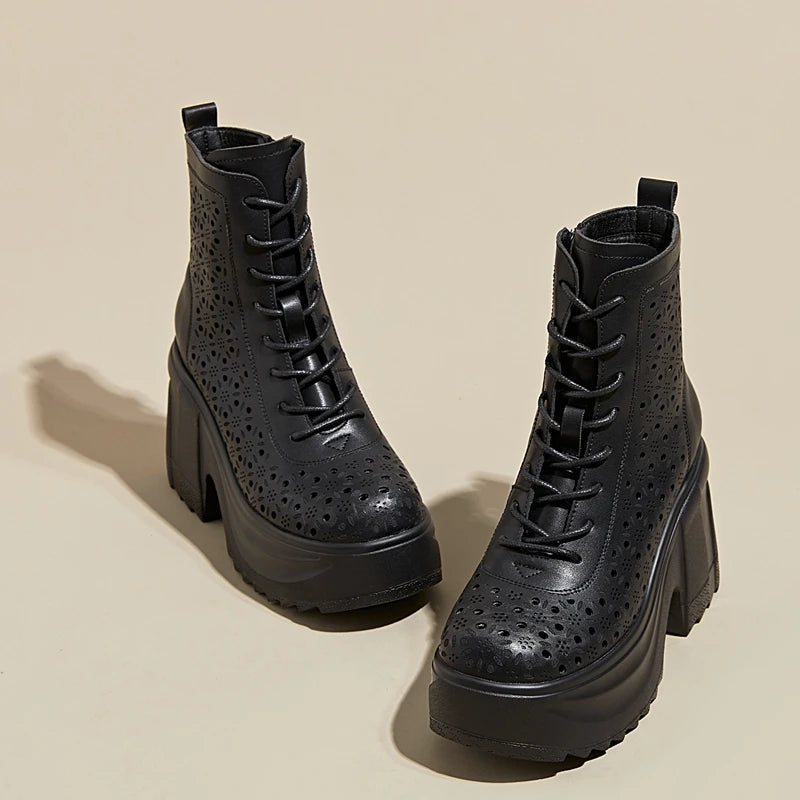 Autuspin 10cm Platform Knight Short Boots Women Summer Hollow Genuine Leather Fashion Lace-up Shoes Breathable Ladies Ankle Boot