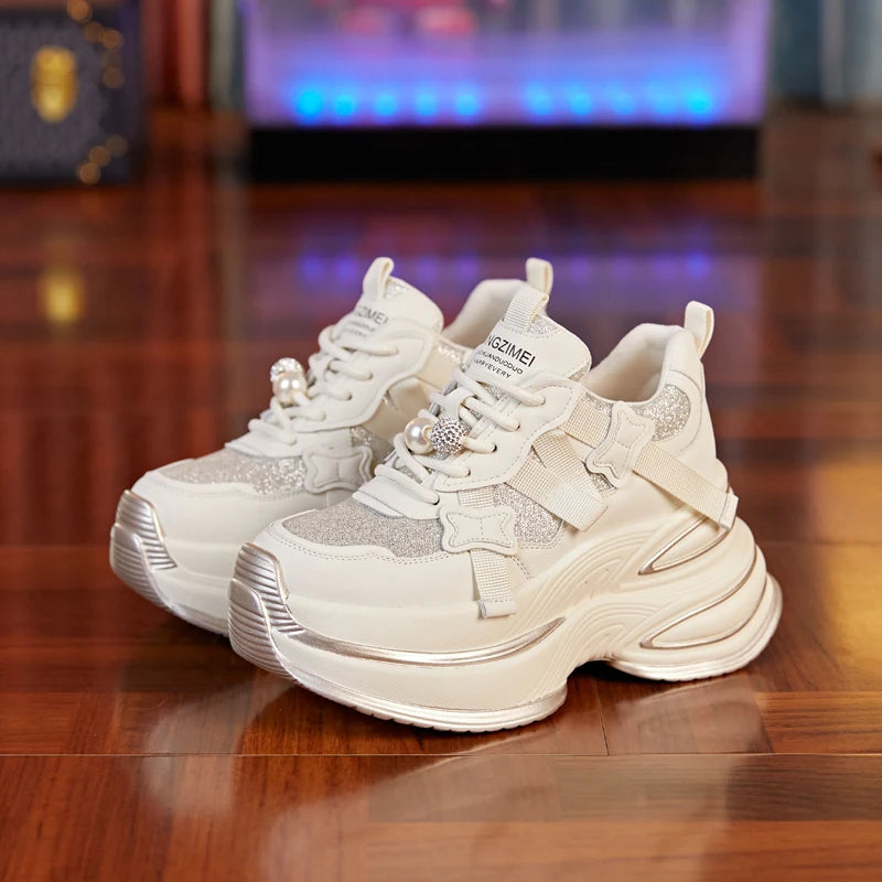 AUTUSPIN 8cm Genuine Leather Bling Shoes for Women Autumn Winter Thick Platform Fashion Sneakers Chunky Walking Shoes Female