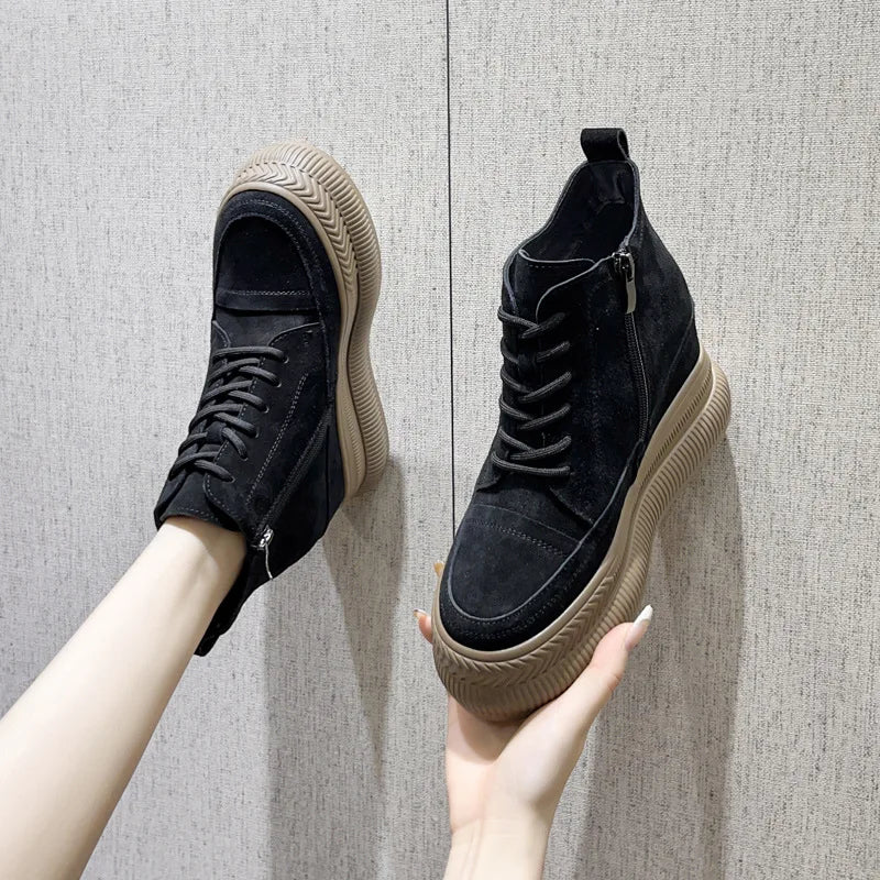 Fujin 10cm Suede Cow Genuine Leather Spring Motorcycle Fashion ZIP Ankle Boots Platform Wedge Flats Women Autumn British Shoes