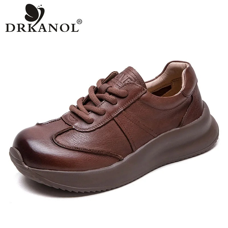 DRKANOL Women Thick Bottom Shoes Spring Autumn Lace-Up Casual Sneakers Quality Genuine Cow Leather Handmade Retro Platform Shoes
