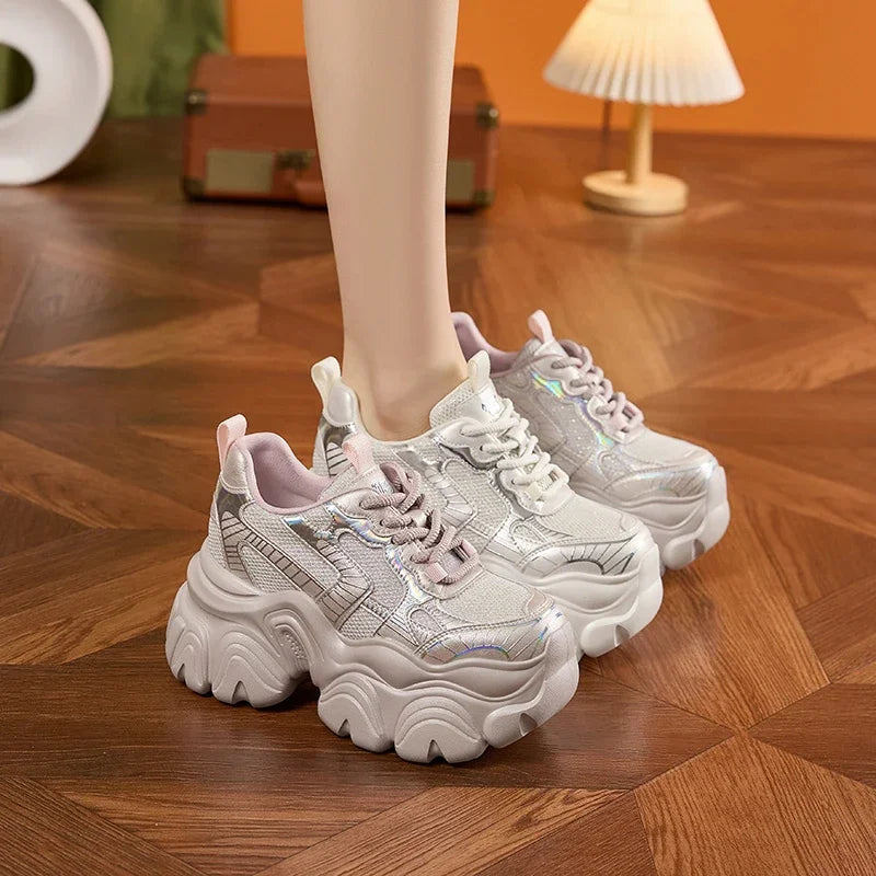AUTUSPIN 9.5CM Thick Soled Women Pink Shoes Spring Summer Breathable High Platform Sneakers Outdoor Korea Style Footwear Woman