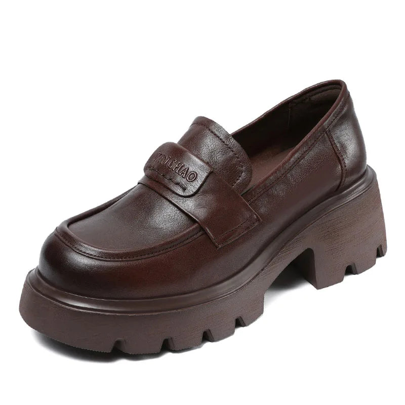 DRKANOL 2025 Spring Women Shoes Thick Heel Slip On Loafers Handmade Retro Chunky Platform Round Toe Pumps Ladies High Heel Shoes