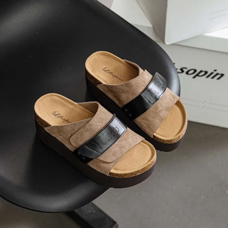 AUTUSPIN Summer Nubuck Leather Ladies Shoes Fashion Thick Soled Women Slippers Outdoor High Platform Chunky Slides Shoes Woman