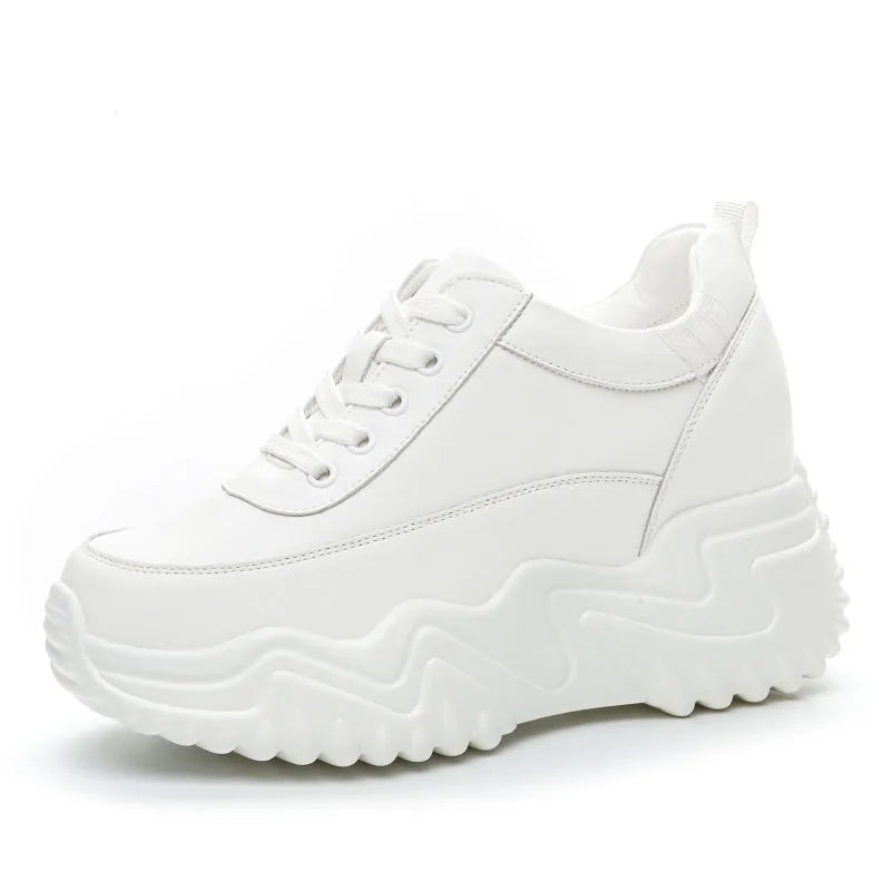 DRKANOL Fashion Platform Casual Sneakers Women Real Cowhide Thick Sole Wedges Heel Height Increasing Solid Color White Shoes