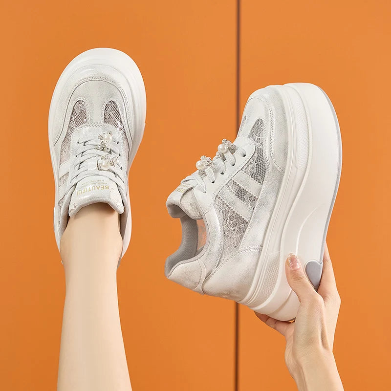 AUTUSPIN 7.5cm Women Lace Shoes Summer Breathable Microfiber Leather Splicing High Platform Skateboard Sneakers Oudoor Tide