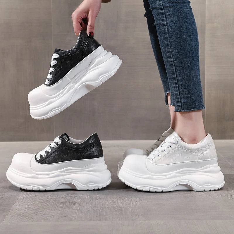 AUTUSPIN 7cm Fashion Shoes for Women 2025 Spring Summer Soft Leather Wide Toe Sneakers Leisure Woman Footwear Outdoor Casual