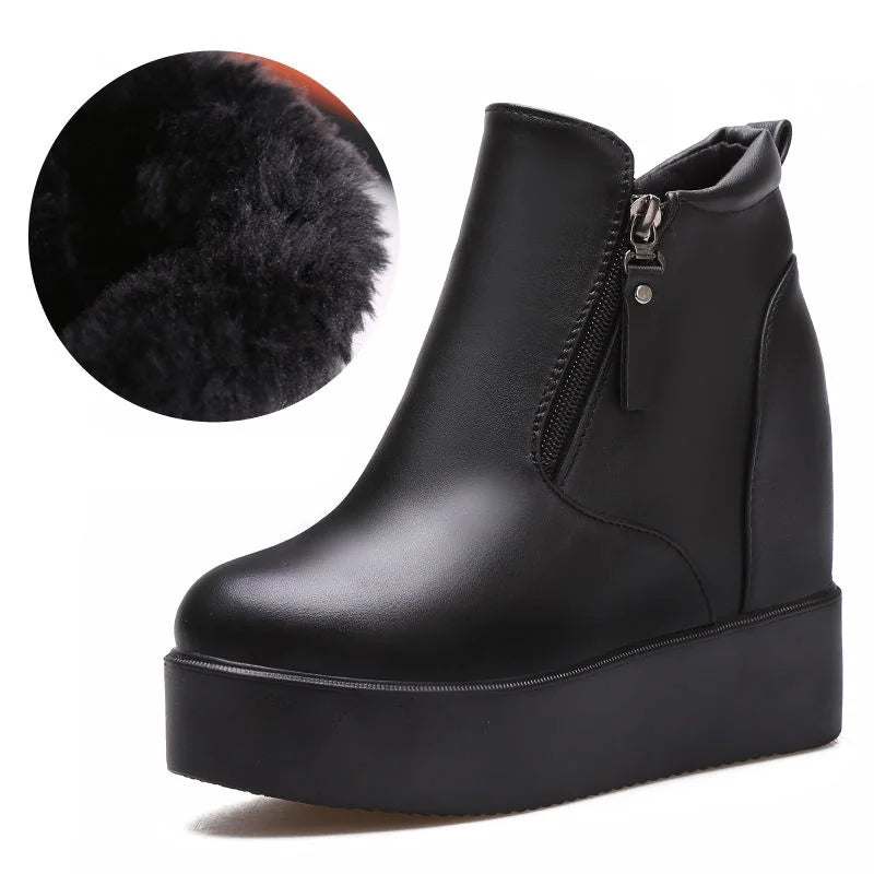 Fujin 11cm Platform Wedge Hidden Heel Women Ankle Boots Flock Leather Warm Female Wedge Shoes Zipper Winter Shoes Sneakers 2024