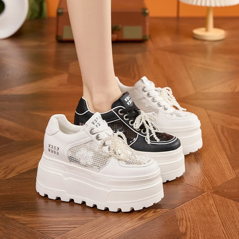 AUTUSPIN Designer Women Shoes Sequined Ladies Summer Mesh Leisure Vulcanize Sneakers Beads Lace-up Woman Platform Shoes 34-39