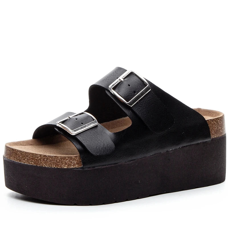 AUTUSPIN 7cm Women High Heeled Slippers Summer Beach Casual Shoes Ladies Ins Fashion Soft Leather Buckle Sandals Shoes Woman