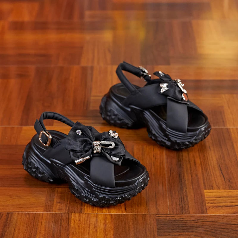 Autuspin Novelty Rome Sandals for Women New Metal Butterfly Knot Platform Ladies Wedges High Heels Sandal Genuine Leather Shoes