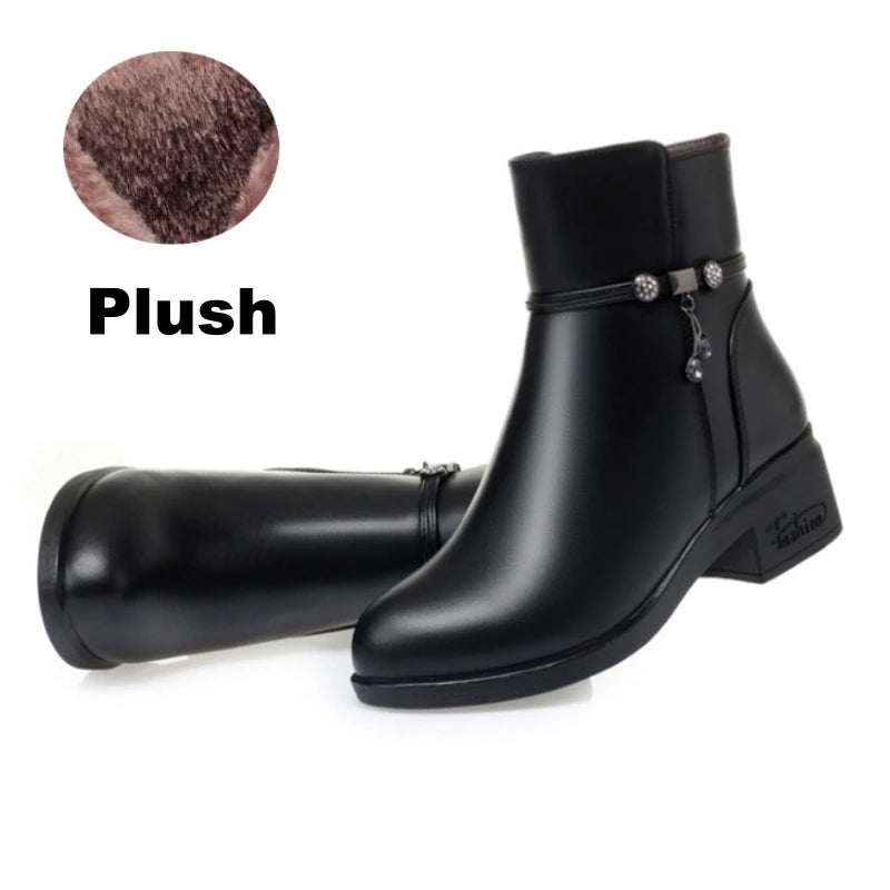 WOIZGIC Women's Mother Female Genuien Leather Shoes Ankle Boots Winter Fur Plush Wool Warm Zipper