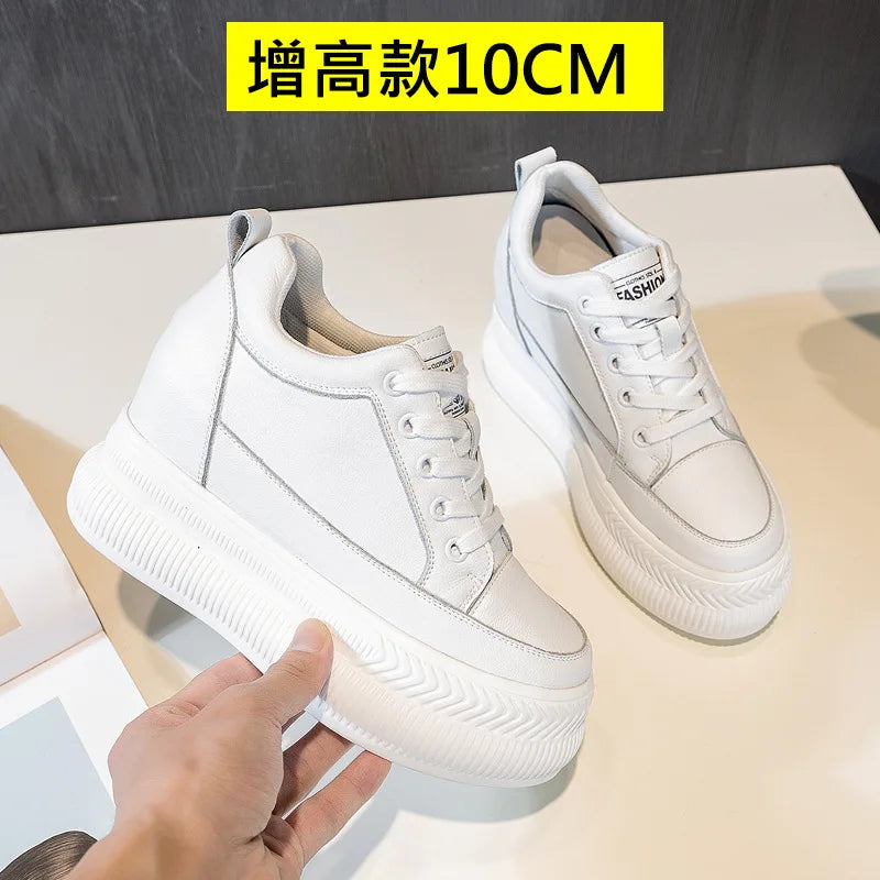 Fujin 10cm Full Cow Genuine Leather Women Shoes Platform Wedge Sneakers White Shoes Hidden Heel Spring Autumn Summer Shoes
