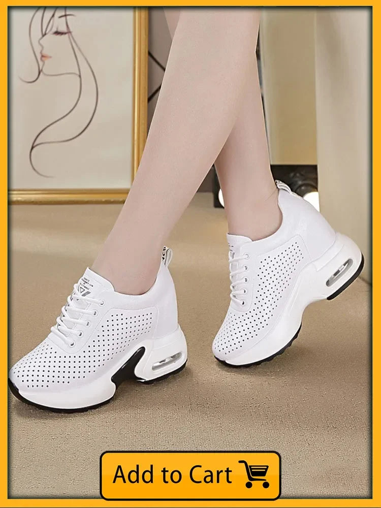 Fujin 8cm Wedge Heel Platform Shoes Chunky Sneakers Hollow Breathable Women Summer Sneakers Pumps Shoes Microfiber Leather Shoes