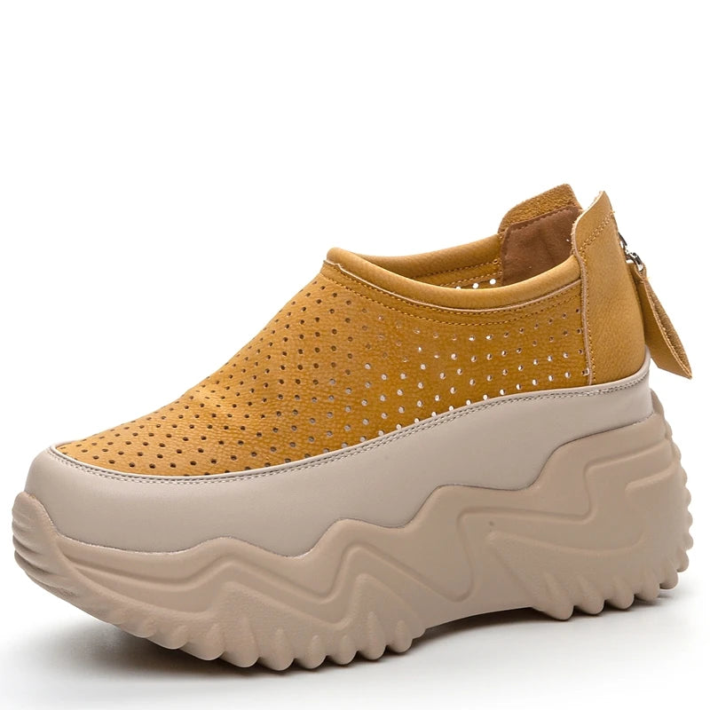 Autuspin 7cm Women Pumps Summer Breathable Fashion Hollow Shoes Female Back Zipper Wedge Platform High Heels Quality Leather