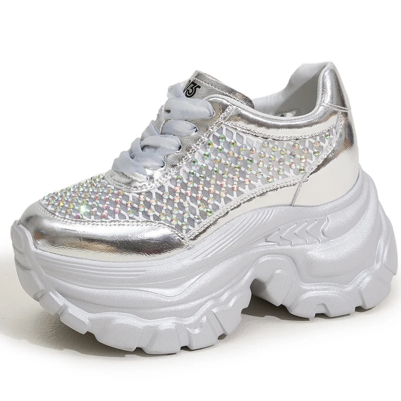 AUTUSPIN Women Summer Thick Soled Shoes Fashion Shiny Rhinestones Sneakers Outdoor Leisure Platform Wedges Crystal Shoes Woman