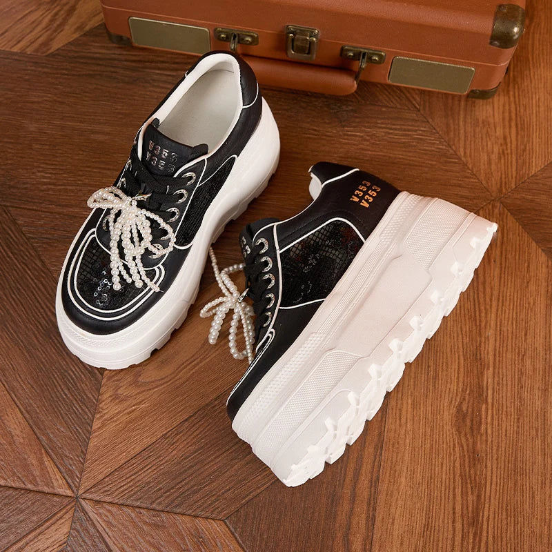 AUTUSPIN Designer Women Shoes Sequined Ladies Summer Mesh Leisure Vulcanize Sneakers Beads Lace-up Woman Platform Shoes 34-39