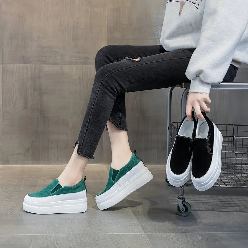 fujin genuine leather women shoes platform wedge sneakers chunky shoes slip on slipon women casual shoes slipony spring autumn