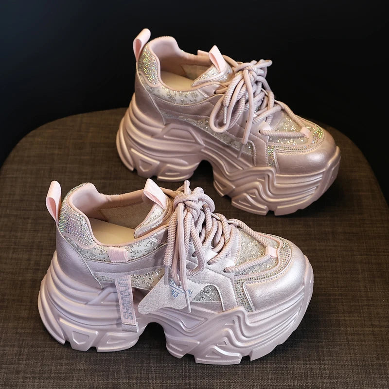 AUTUSPIN 8cm Pink Thick Bottom Shoes for Women Spring Summer Rhinestones Chunky Platform Sneakers Woman Outdoor Tide Fashion