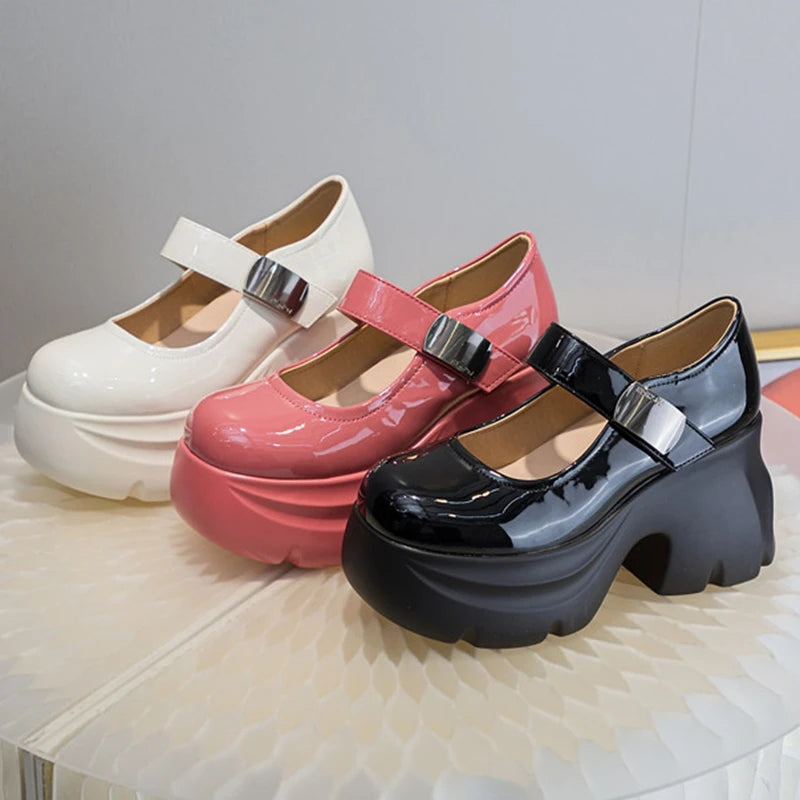 AUTUSPIN 9cm Fashion Wedges Pumps Women Rose Red High Heels Ladies Party Wedding Thick Bottom Leather Shoes Woman Mary Janes