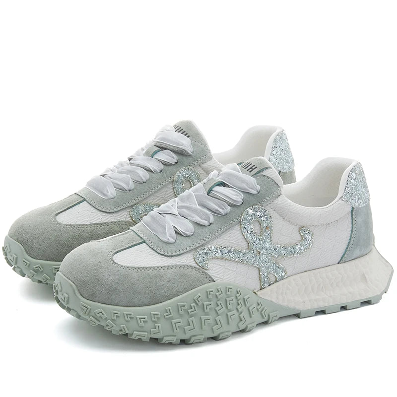 AUTUSPIN Women's Summer Shoes Fashion Genuine Leather Ladies Casual Sneakers Outdoor Non-slip Leisure Students Shoes Lace-up