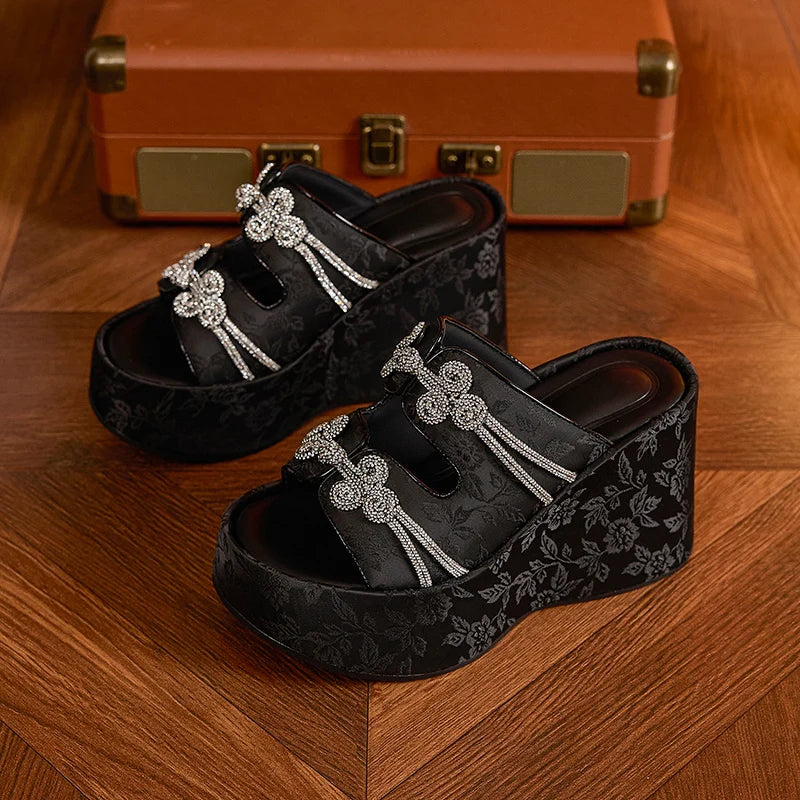 AUTUSPIN 10cm Wedges Heels Women Summer Sandals Ethnic Style Peep Toe Mules Shoes Female Party Wedding Dress Platform High Heel