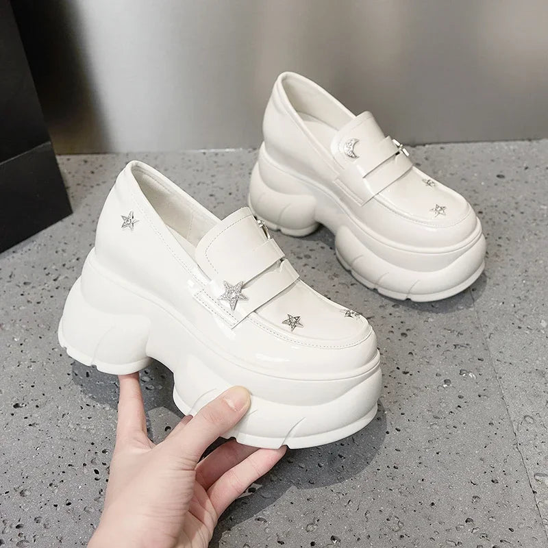 AUTUSPIN 8.5cm Fashion Wedges Pumps Women Spring Summer Shallow Shoes Soft Leather Loafers Female Crystal Platform High Heels