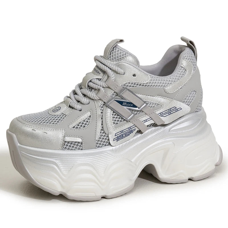 AUTUSPIN 9.5cm Grey Thick Bottom Shoes Women Summer Air Mesh Sneakers Leisure Footwear Female Street Tide High Platform Shoes