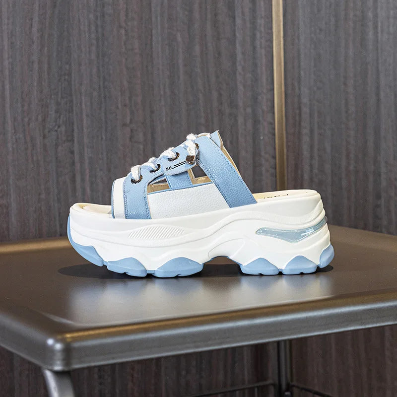 Fujin 7cm Microfiber Leather Synthetic Platform Wedge Slipper Chunky Heels Mary Jane Slip on Summer Breathable Pumps Shoes