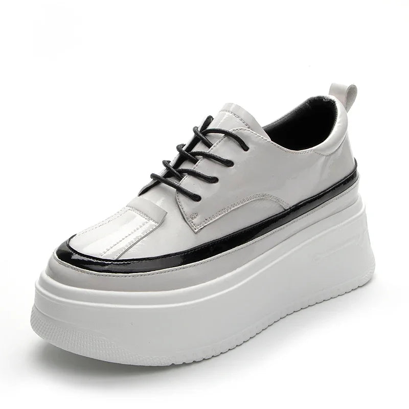 Fujin 7.5cm Patent Leather Genuine Women Shoes Loafers Platform Sneakers Wedge Shoes Hidden Heel Breathable Spring Summer Shoes
