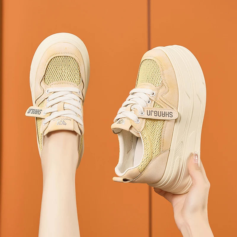 AUTUSPIN Yellow Popular Platform Sneakers Women 2025 Summer Fashion Internal Heighten Ladies Shoes Shiny Bling Mesh Footwear