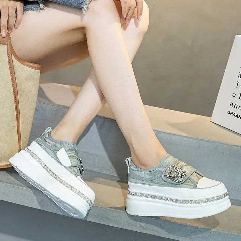 Fujin 6cm Denim Platform Wedge Genuine Leather Casual Spring Summer Autumn Comfy High Brand Chunky Sneakers Hidden Heels Shoes