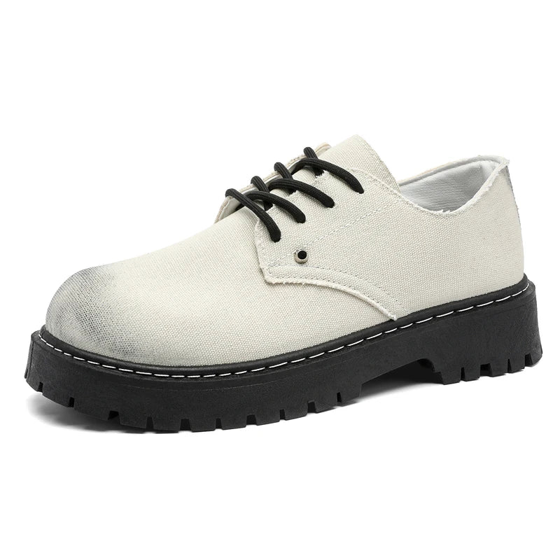 Men's Casual Shoes Comfortable Breathable Canvas Upper Thick Bottom Fashion Sewing Round Toe Leather Chunky Shoes Male Footwear