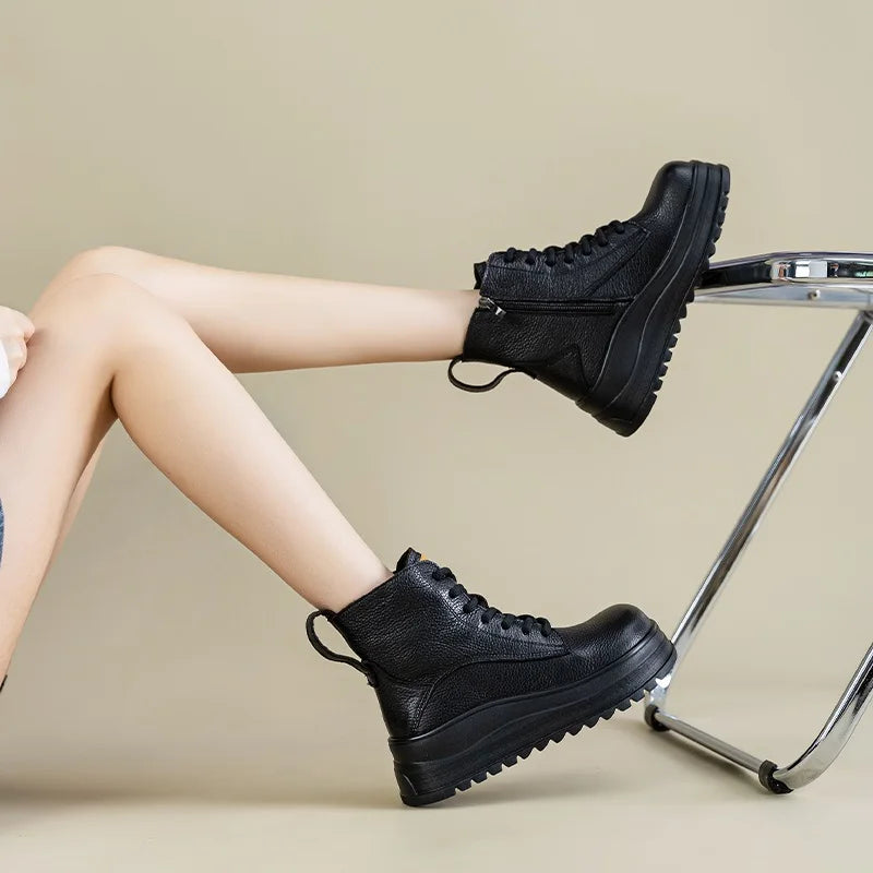 DRKANOL 2025 Genuine Leather Ankle Boots For Women Wedges Height Increasing Chunky Platform British Style Leisure Short Boots