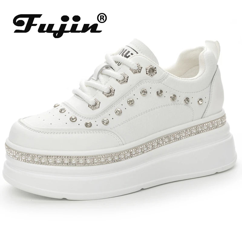 Fujin 7cm Genuine Leather Women Casual Bling Chunky Sneakers Platform Wedge Vulcanized Autumn Spring Hidden Heels Ladies Shoes
