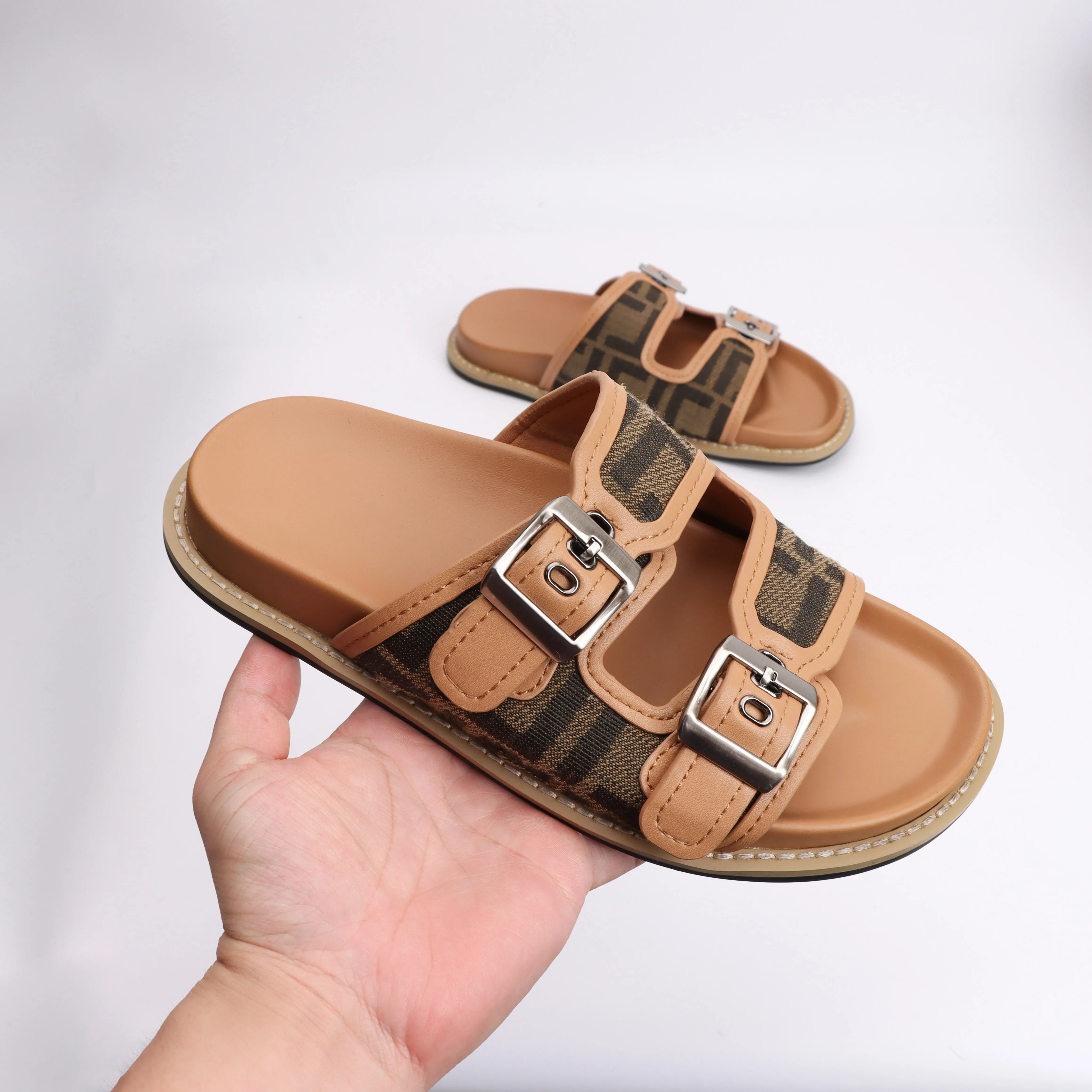 NO-LOGO Designer Summer Leather slippers for Women 2025 Luxury Brand Shoes Khaki ladies Slipper and big size 44