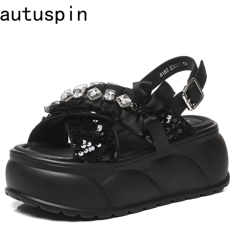 Autuspin 8cm Flats High Platform Ladies Sandals Summer Fashion Sequined Cloth Women Chunky Shoes Party Wedding Crystal Sandal