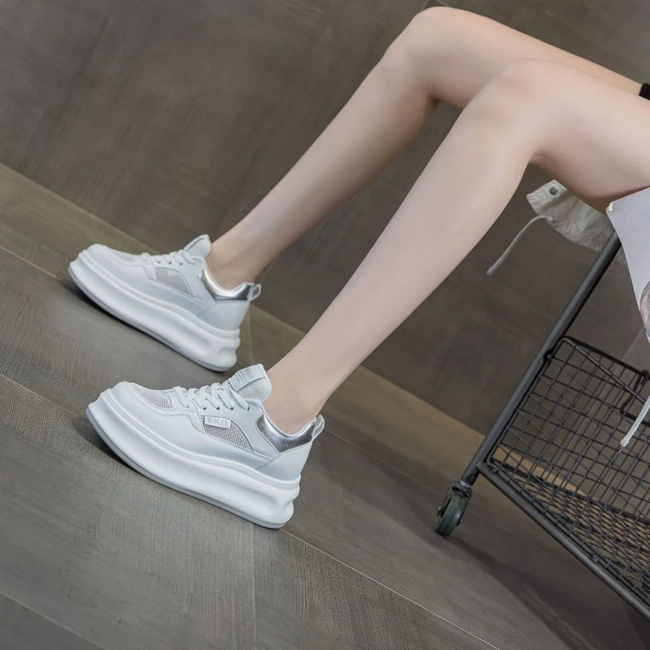 Fujin 6.5cm Air Mesh Genuine Leather Fashion Canvas Shoes Breathable Women Vulcanize Chunky Sneaker Platform Wedge Women's Shoes