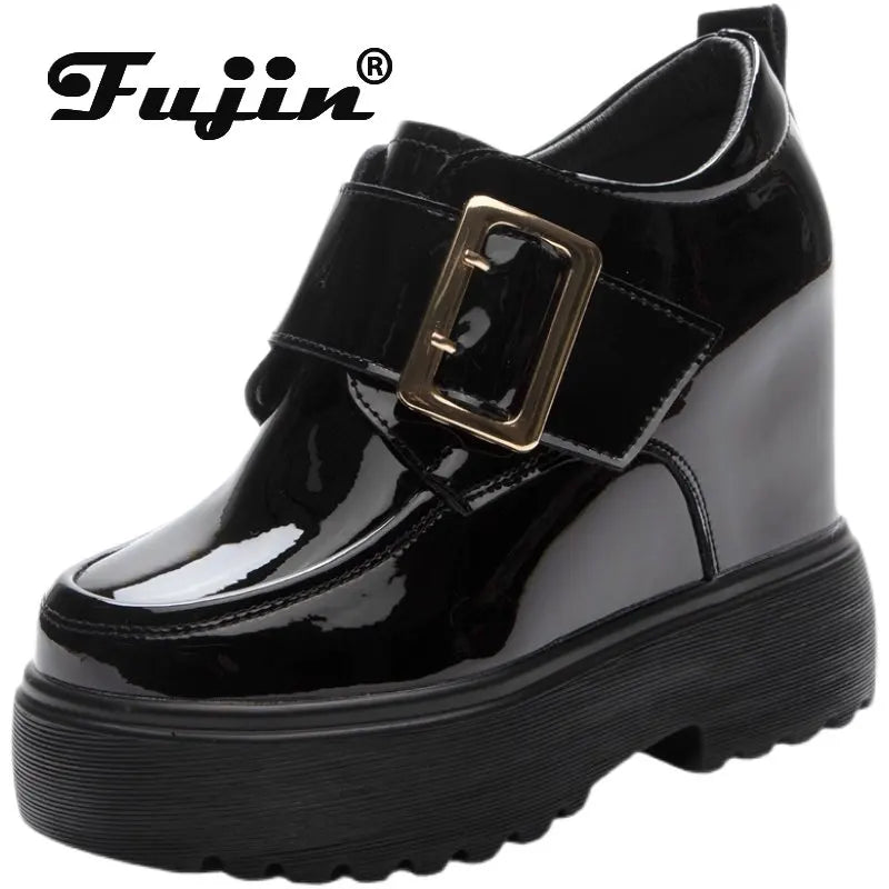 Fujin 11cm Genuine Leather Fashion Walking Height Increasing Loafers Ladies Casual Platform Wedge Women Slip on Shoes Slippers